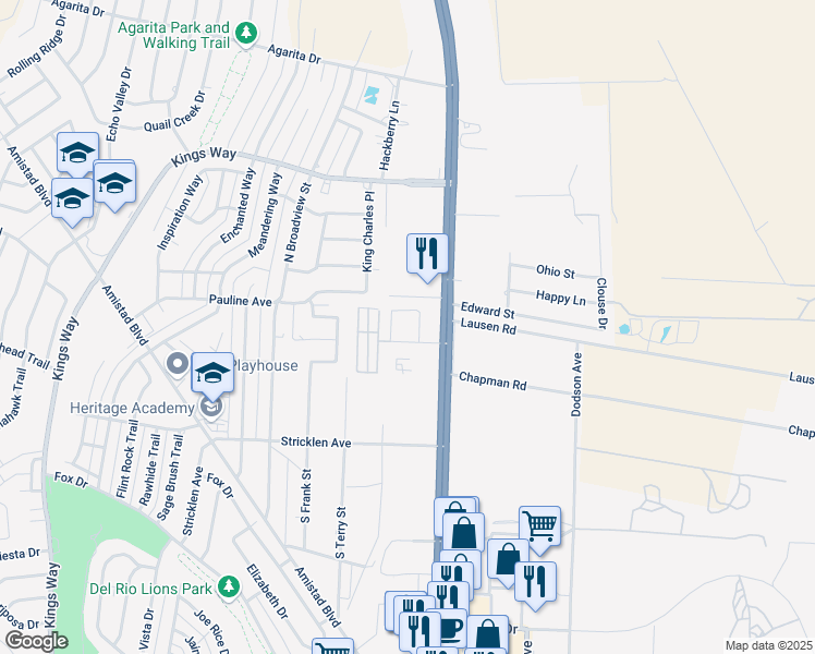 map of restaurants, bars, coffee shops, grocery stores, and more near 163 Yucca Trailer Park Road in Del Rio