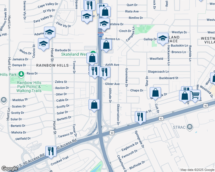 map of restaurants, bars, coffee shops, grocery stores, and more near 2620 Southwest Loop 410 in San Antonio