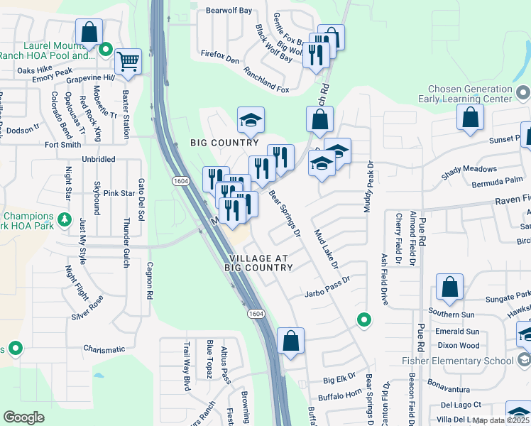 map of restaurants, bars, coffee shops, grocery stores, and more near 11427 Black Fox Drive in San Antonio