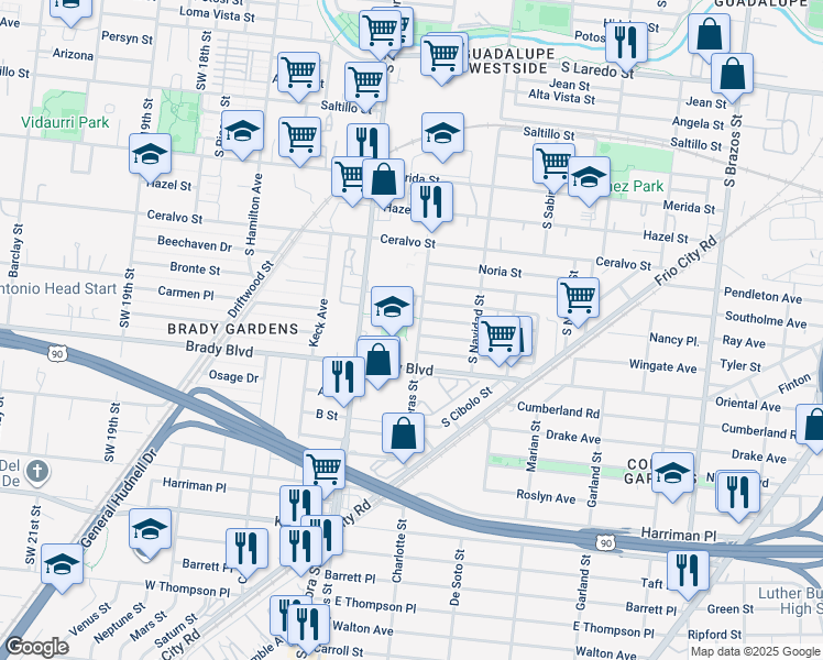 map of restaurants, bars, coffee shops, grocery stores, and more near 2307 South Calaveras Street in San Antonio