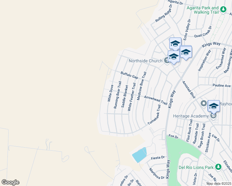 map of restaurants, bars, coffee shops, grocery stores, and more near 201 Running Bear Trail in Del Rio