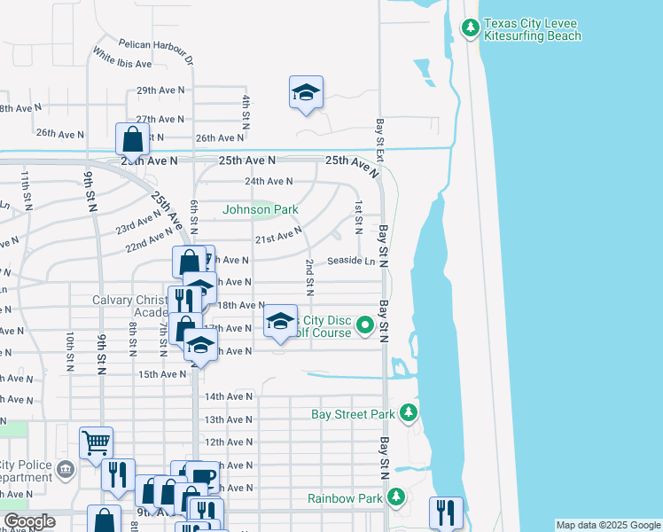 map of restaurants, bars, coffee shops, grocery stores, and more near 125 20th Avenue North in Texas City