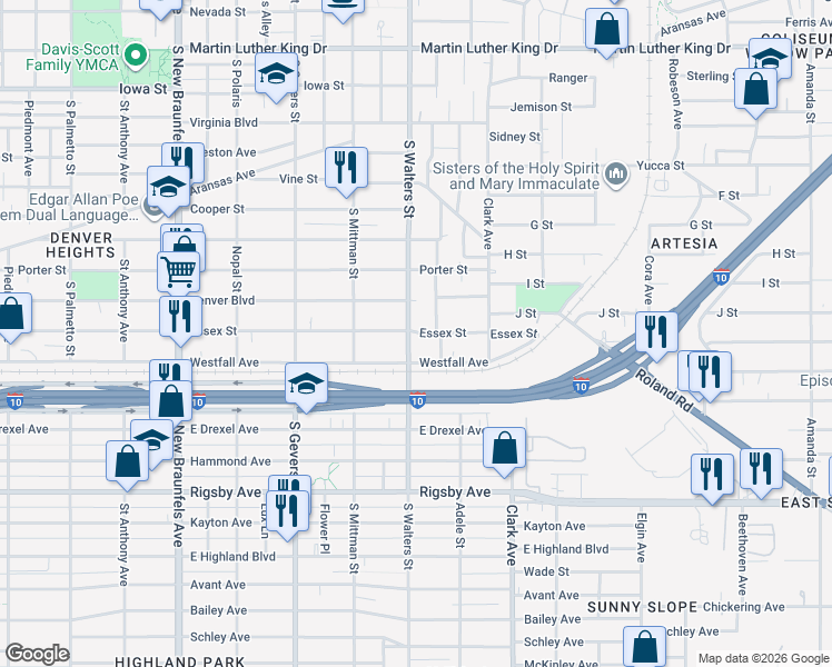 map of restaurants, bars, coffee shops, grocery stores, and more near 1246 Denver Boulevard in San Antonio