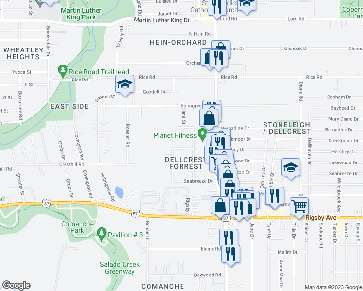 map of restaurants, bars, coffee shops, grocery stores, and more near 4415 Vicksburg in San Antonio