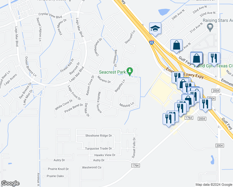 map of restaurants, bars, coffee shops, grocery stores, and more near 2402 Regatta Lane in Santa Fe
