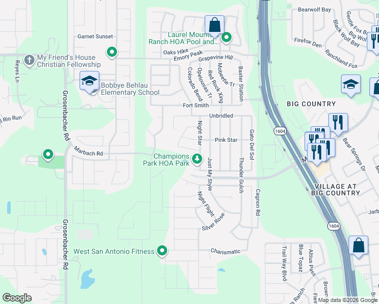 map of restaurants, bars, coffee shops, grocery stores, and more near 11335 Fine Design in San Antonio