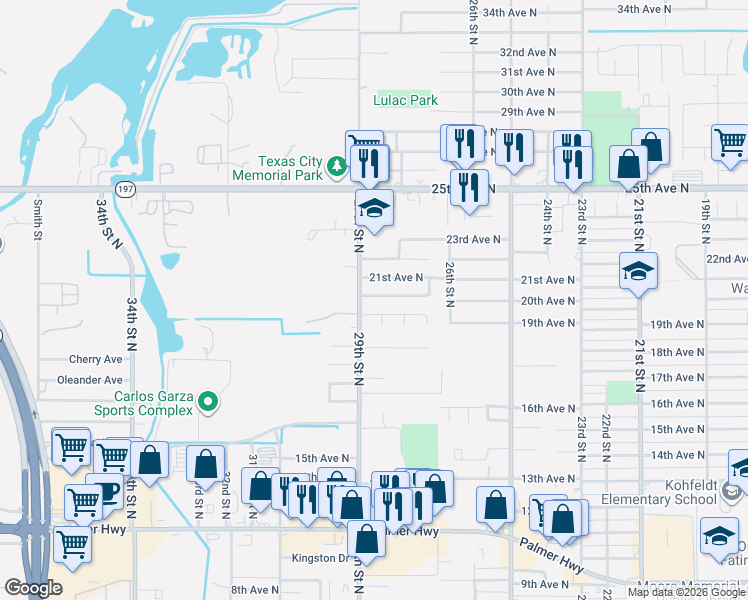 map of restaurants, bars, coffee shops, grocery stores, and more near 2817 21st Avenue North in Texas City