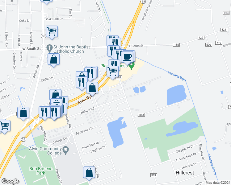 map of restaurants, bars, coffee shops, grocery stores, and more near 2500 Fairway Drive in Alvin