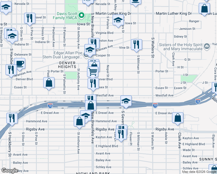 map of restaurants, bars, coffee shops, grocery stores, and more near 1010 Denver Boulevard in San Antonio