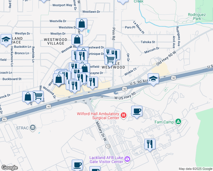 map of restaurants, bars, coffee shops, grocery stores, and more near 6815 West US Highway 90 in San Antonio