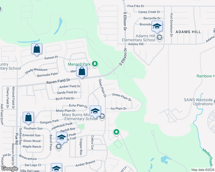 map of restaurants, bars, coffee shops, grocery stores, and more near 9747 Misty Plain Drive in San Antonio