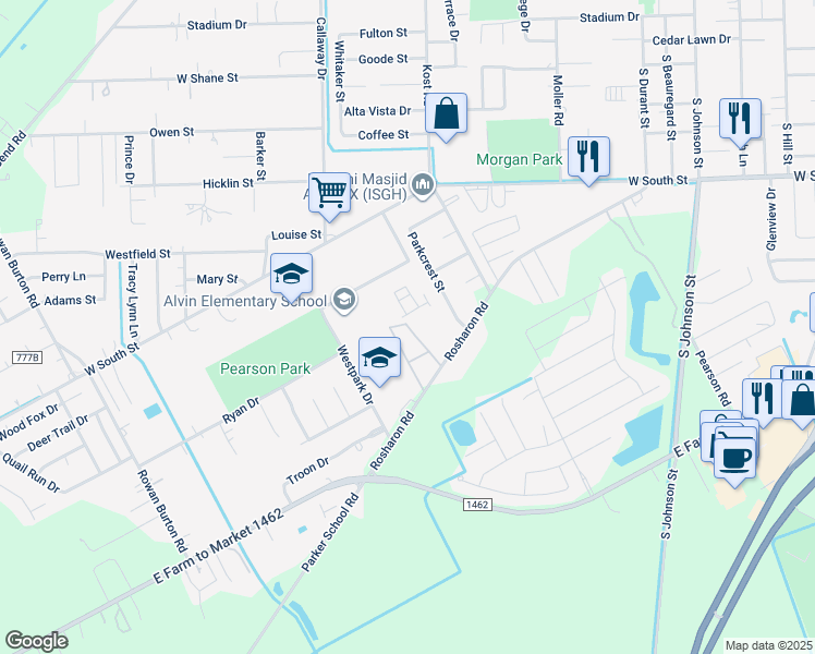 map of restaurants, bars, coffee shops, grocery stores, and more near 1908 Rosharon Road in Alvin