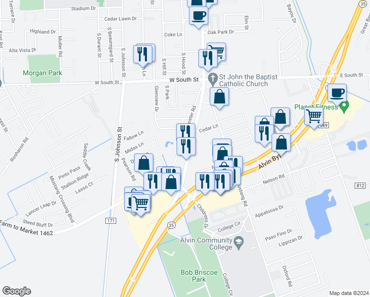 map of restaurants, bars, coffee shops, grocery stores, and more near 2109 Koster Road in Alvin
