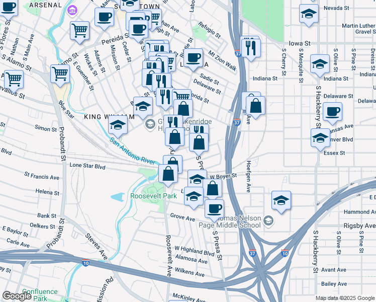 map of restaurants, bars, coffee shops, grocery stores, and more near 1621 South Presa Street in San Antonio