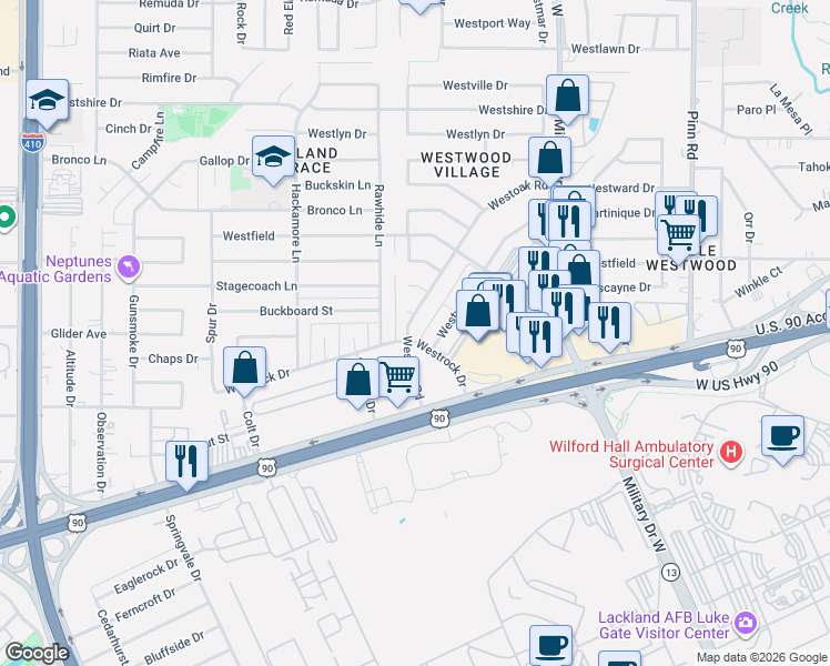 map of restaurants, bars, coffee shops, grocery stores, and more near 219 Westoak Road in San Antonio