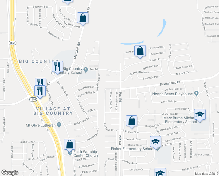 map of restaurants, bars, coffee shops, grocery stores, and more near 10342 Shady Meadows in San Antonio