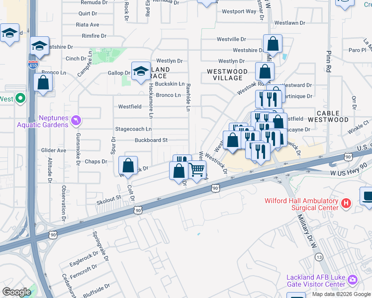 map of restaurants, bars, coffee shops, grocery stores, and more near 7418 Buckboard Street in San Antonio