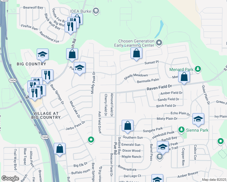 map of restaurants, bars, coffee shops, grocery stores, and more near 10302 Shady Meadows in San Antonio