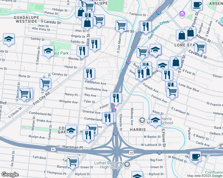 map of restaurants, bars, coffee shops, grocery stores, and more near 132 Pendleton Avenue in San Antonio