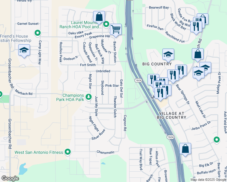 map of restaurants, bars, coffee shops, grocery stores, and more near 2607 Thunder Gulch in San Antonio