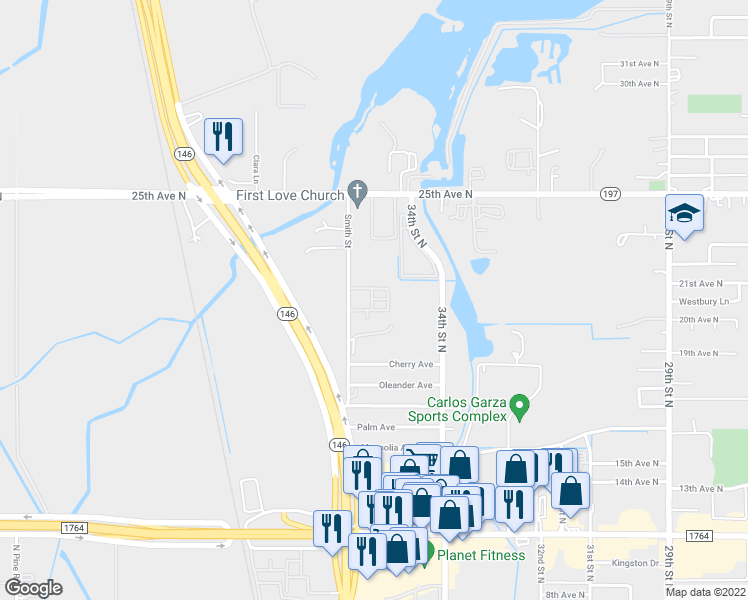 map of restaurants, bars, coffee shops, grocery stores, and more near 2020 36th Street North in Texas City