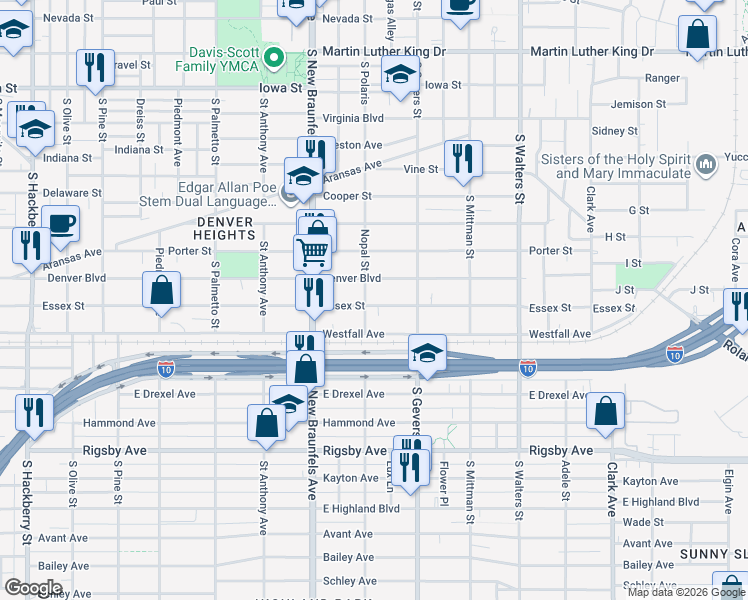 map of restaurants, bars, coffee shops, grocery stores, and more near 1010 Denver Boulevard in San Antonio