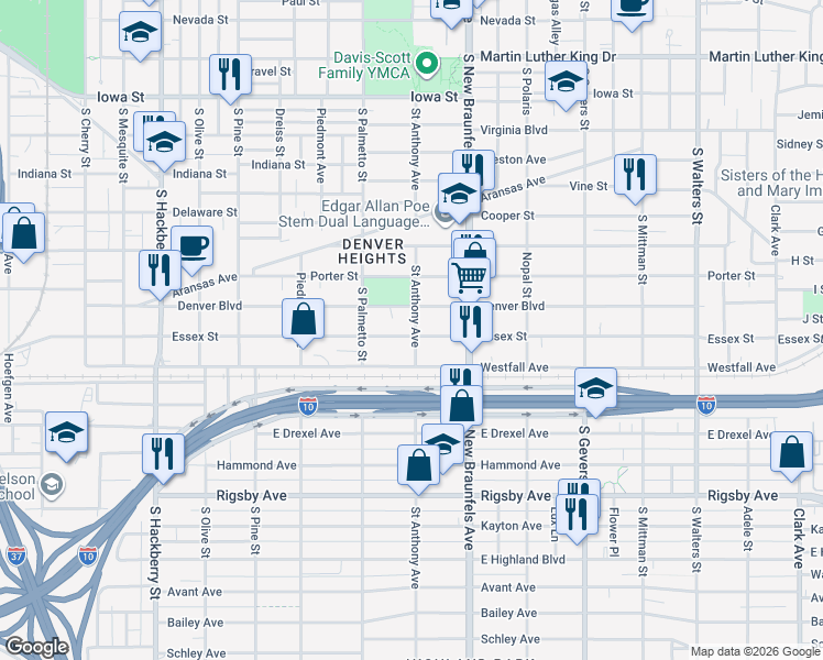 map of restaurants, bars, coffee shops, grocery stores, and more near 806 Denver Boulevard in San Antonio