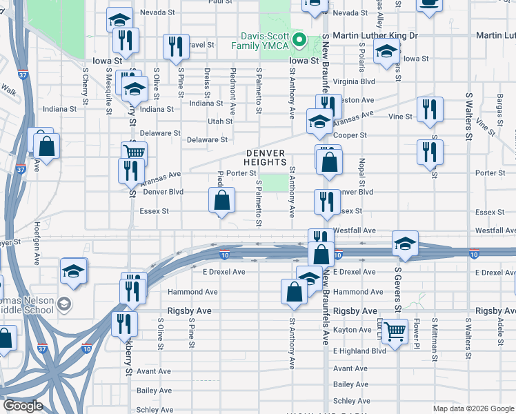 map of restaurants, bars, coffee shops, grocery stores, and more near 640 Denver Boulevard in San Antonio