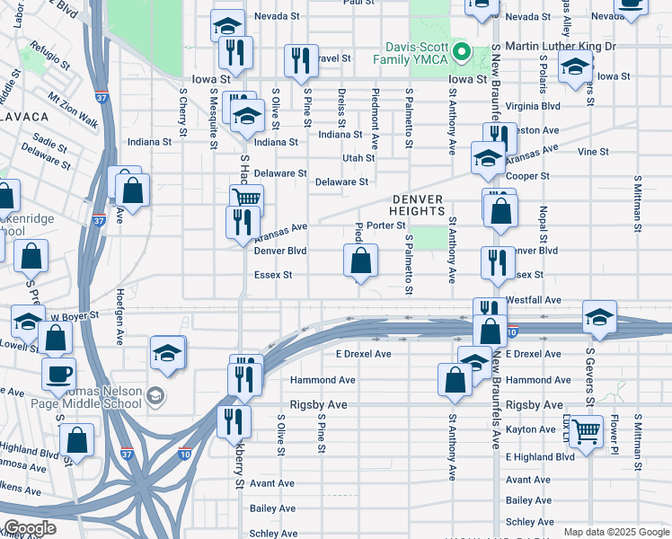 map of restaurants, bars, coffee shops, grocery stores, and more near 528 Denver Boulevard in San Antonio