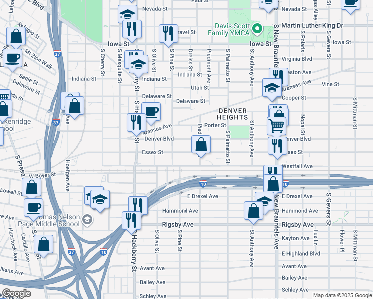 map of restaurants, bars, coffee shops, grocery stores, and more near 528 Denver Boulevard in San Antonio