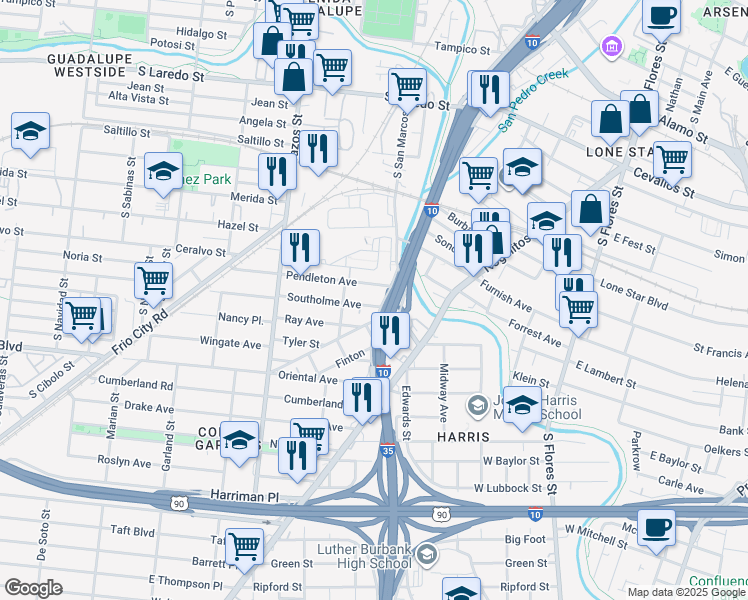 map of restaurants, bars, coffee shops, grocery stores, and more near 132 Pendleton Avenue in San Antonio