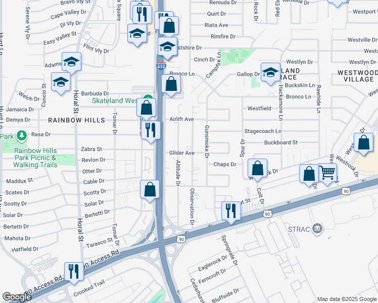map of restaurants, bars, coffee shops, grocery stores, and more near 410 Altitude Street in San Antonio