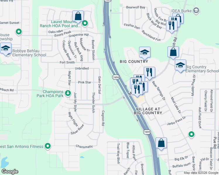 map of restaurants, bars, coffee shops, grocery stores, and more near 2618 Gato Del Sol in San Antonio