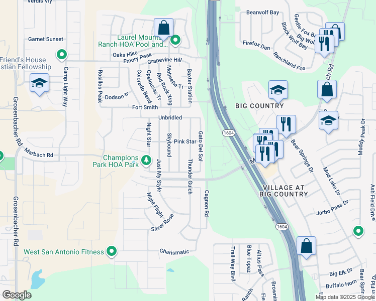 map of restaurants, bars, coffee shops, grocery stores, and more near 2607 Thunder Gulch in San Antonio