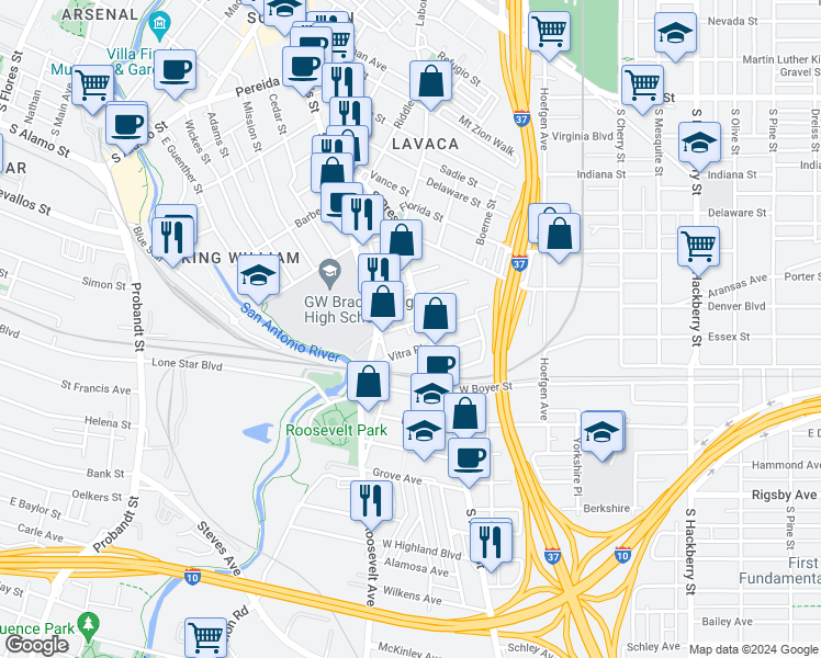 map of restaurants, bars, coffee shops, grocery stores, and more near 114 Jacobs Street in San Antonio