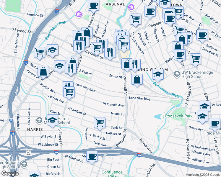 map of restaurants, bars, coffee shops, grocery stores, and more near 130 Ellis Bean in San Antonio