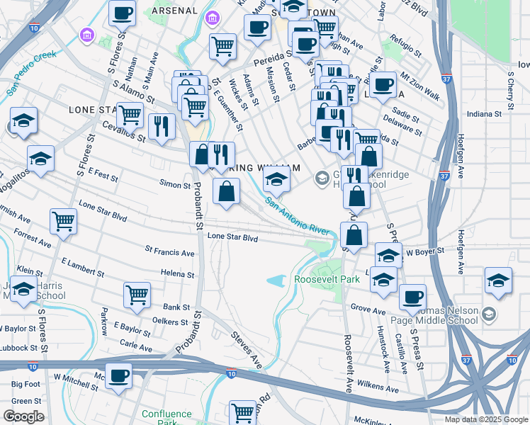 map of restaurants, bars, coffee shops, grocery stores, and more near 423 Blue Star in San Antonio