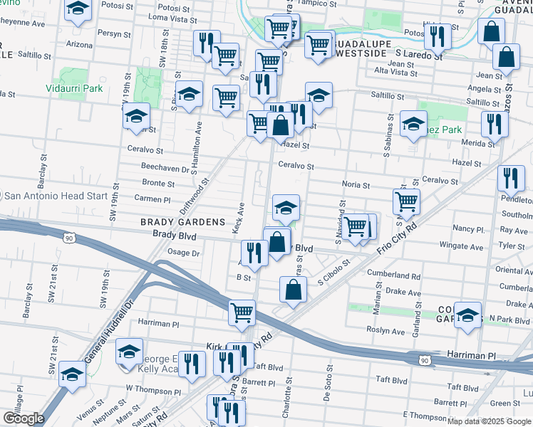 map of restaurants, bars, coffee shops, grocery stores, and more near 2001 South Zarzamora Street in San Antonio