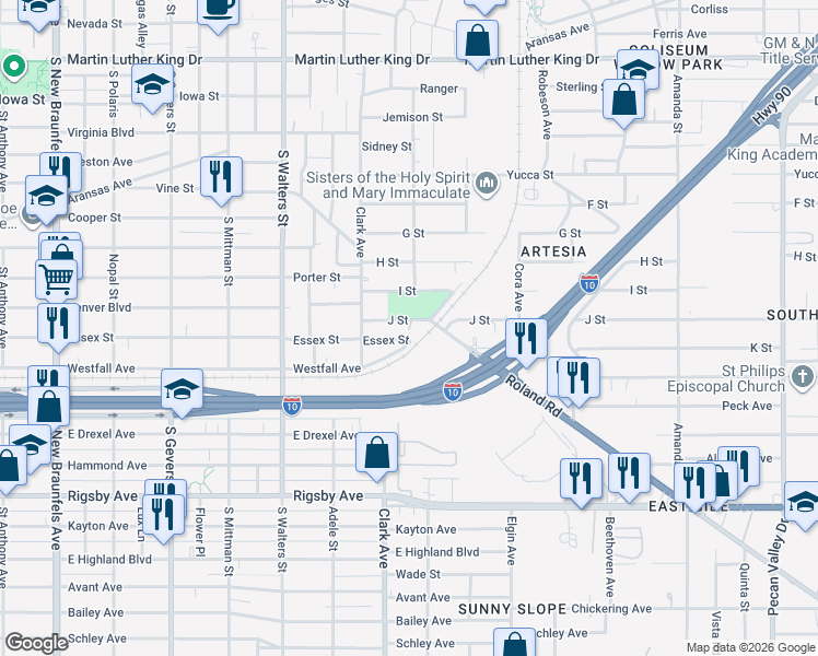 map of restaurants, bars, coffee shops, grocery stores, and more near 130 J Street in San Antonio