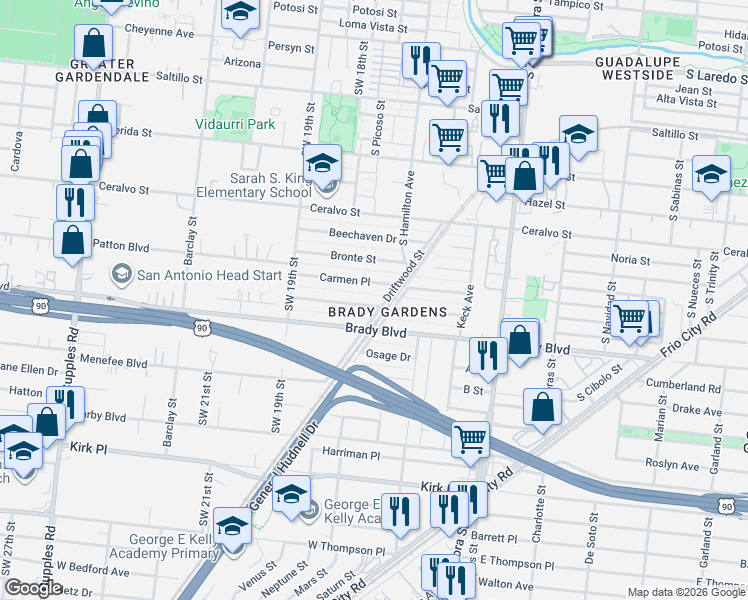 map of restaurants, bars, coffee shops, grocery stores, and more near 210 Carmen Place in San Antonio