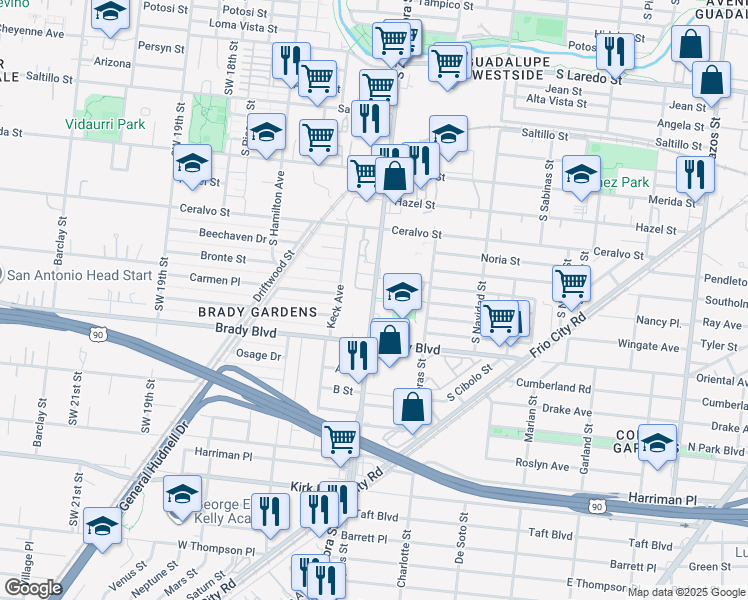 map of restaurants, bars, coffee shops, grocery stores, and more near 2001 South Zarzamora Street in San Antonio