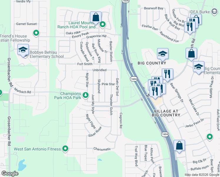 map of restaurants, bars, coffee shops, grocery stores, and more near 2607 Thunder Gulch in San Antonio