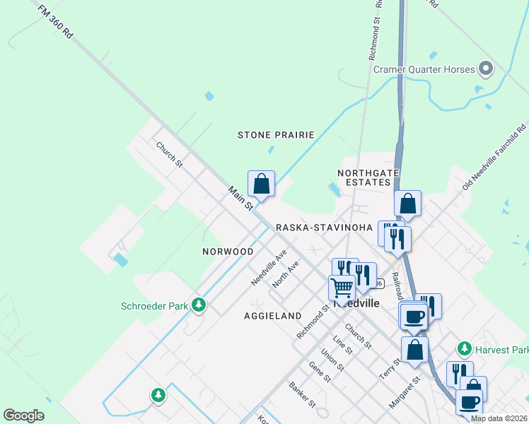 map of restaurants, bars, coffee shops, grocery stores, and more near 8221 Main Street in Needville