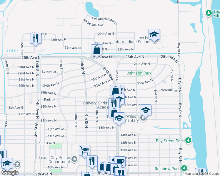 map of restaurants, bars, coffee shops, grocery stores, and more near 2013 6th Street North in Texas City