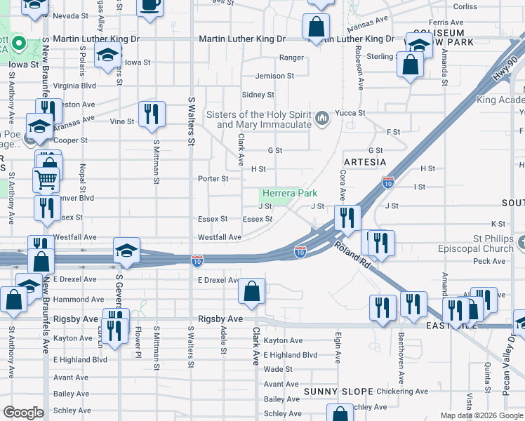 map of restaurants, bars, coffee shops, grocery stores, and more near 130 J Street in San Antonio
