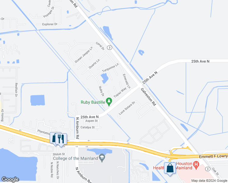 map of restaurants, bars, coffee shops, grocery stores, and more near 2213 Onyx Court in Texas City
