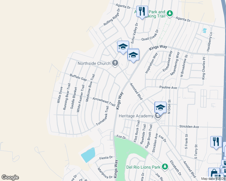 map of restaurants, bars, coffee shops, grocery stores, and more near 101 Lodgepole Trail in Del Rio