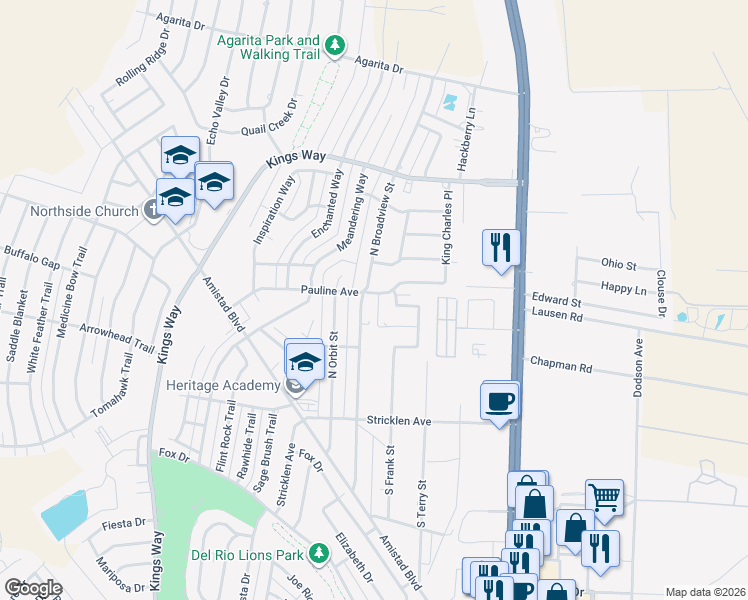 map of restaurants, bars, coffee shops, grocery stores, and more near 124 Pauline Avenue in Del Rio