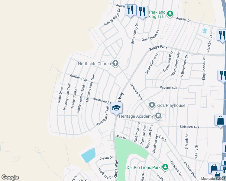 map of restaurants, bars, coffee shops, grocery stores, and more near 110-112 Peacepipe Trail in Del Rio