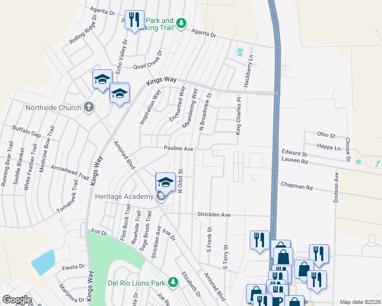 map of restaurants, bars, coffee shops, grocery stores, and more near 124 Pauline Avenue in Del Rio